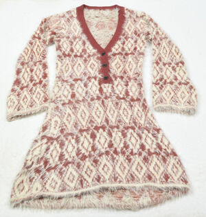 Free People Fuzzy Feelings Mini Sweater Dress Womens XS Red Ivory V-Neck